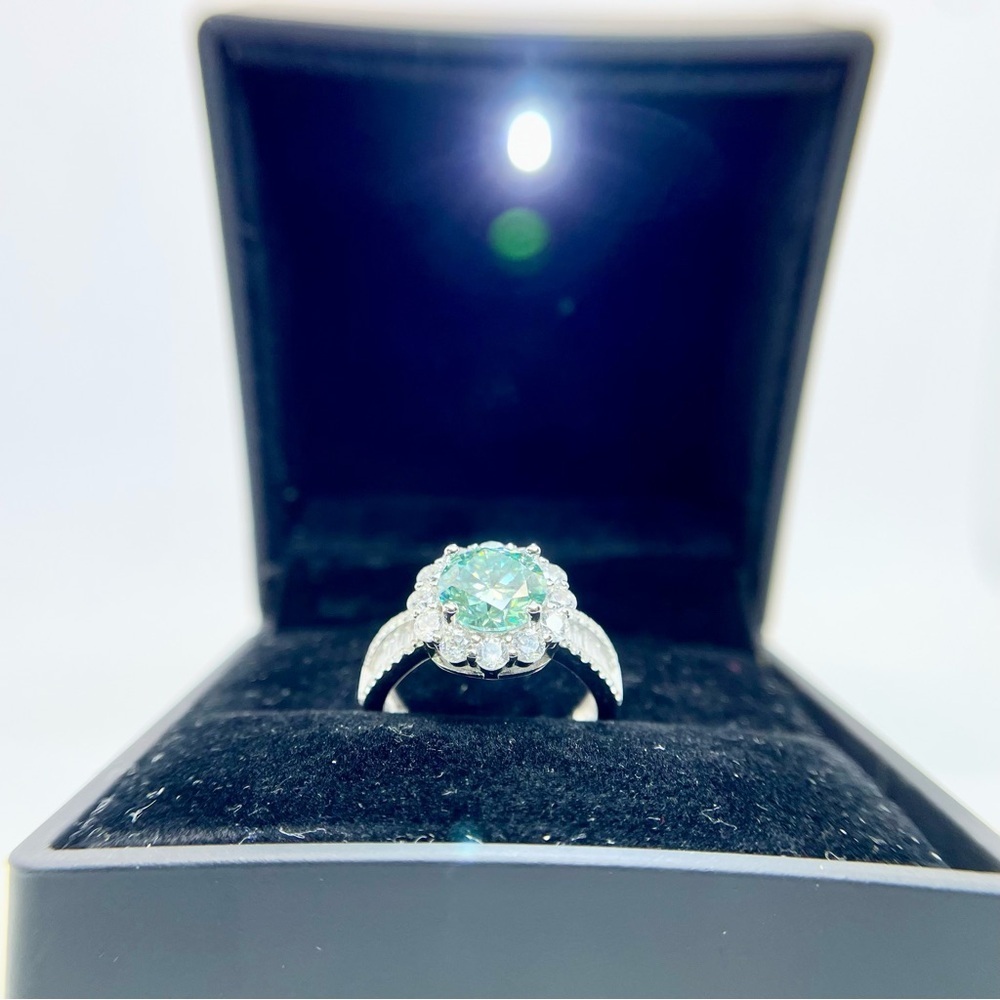 Moissanite Halo Ring Aqua Blue Center & Baguette Accents 18K White Gold Finish - Picture 13 of 16